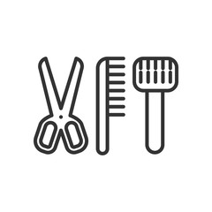 Black isolated outline icon of accessories for animals grooming on white background. Line Icon of grooming accessories.