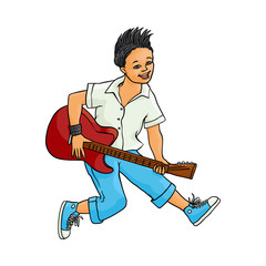 Young man playing electric guitar, Rock music, alternative punk style clothing jeans, mohawk haircut male character. Isolated sketch vector illustration, white background