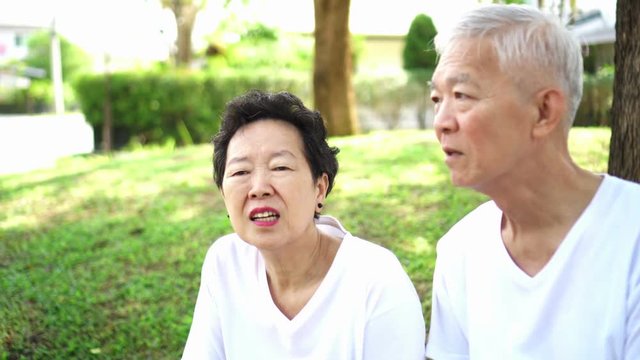 Asian senior couple talk about future after retirement in green residence park