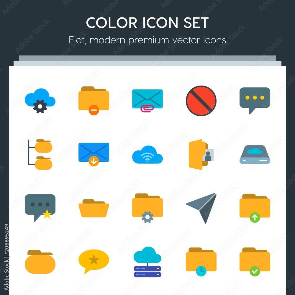 Poster modern simple set of cloud and networking, chat and messenger, folder, email vector flat icons. cont
