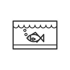 Black isolated outline icon of aquarium with fish on white background. Line Icon of fish bowl.