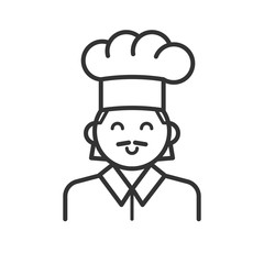 Black isolated outline icon of cook on white background. Line Icon of portrait of chef.