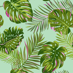 Fototapeta na wymiar Tropical Palm Leaves Seamless Pattern. Watercolor Floral Background. Exotic Botanical Design for Fabric, Textile, Wallpaper, Wrapping Paper. Vector illustration