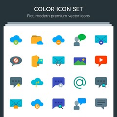 Modern Simple Set of cloud and networking, chat and messenger, folder, email Vector flat Icons. Contains such Icons as text, folder, cloud and more on dark background. Fully Editable. Pixel Perfect