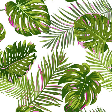 Tropical Palm Leaves Seamless Pattern. Watercolor Floral Background. Exotic Botanical Design for Fabric, Textile, Wallpaper, Wrapping Paper. Vector illustration