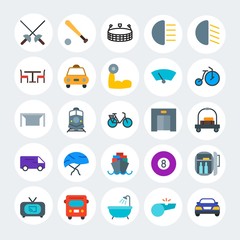 Modern Simple Set of transports, hotel, sports Vector flat Icons. Contains such Icons as  movie,  whistle, bus,  weapon, game, bath and more on white cricle background. Fully Editable. Pixel Perfect.
