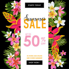 Summer Sale Tropical Banner. Seasonal Promotion with Plumeria Flowers and Palm Leaves. Floral Discount Template Design for Poster, Flyer, Gift Certificate. Vector illustration