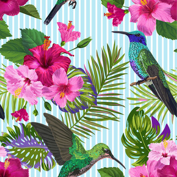 Tropical Seamless Pattern with Hummingbirds, Exotic Hibiskus Flowers and Palm Leaves. Floral Background with Colibri Birds for Fabric, Textile, Wallpaper. Vector illustration