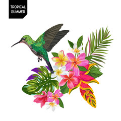 Summer Tropical Design with Hummingbird and Exotic Flowers. Floral Background with Tropic Bird, Plumeria and Palm Leaves. Vector illustration