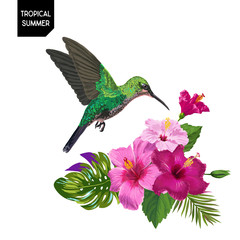 Summer Tropical Design with Hummingbird and Exotic Flowers. Floral Background with Tropic Bird, Hibiskus and Palm Leaves. Vector illustration © wooster
