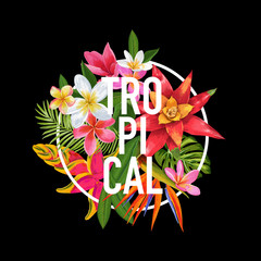 Tropical Floral Design for T-shirt, Fabric Print. Exotic Plumeria Flowers Poster, Background, Banner. Beach Vacation Tropic Graphic. Vector illustration