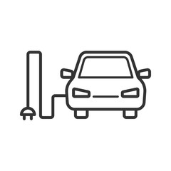 Black isolated outline icon of electric car on white background. Line Icon of electric car.