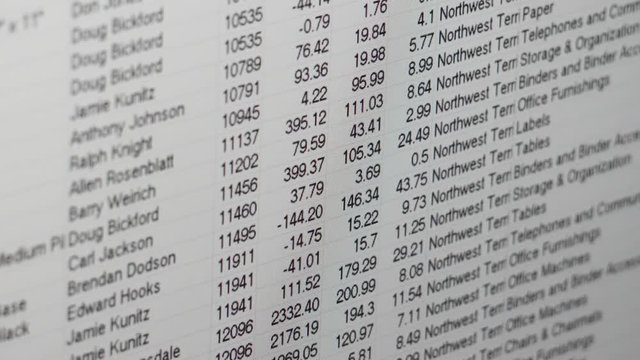 scrolling down an accounting worksheet of numbers