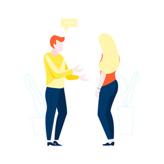 Two young people talking and discussing. Flat character design. Vector illustration