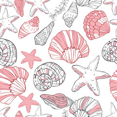 Seamless pattern with hand drawn shells on white background