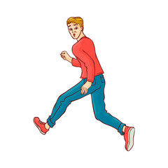 Young man in casual clothing, jeans running looking back. Male character runaway with afraid face . Isolated vector illustration in sketch style