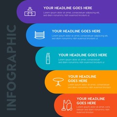Flat furniture, housekeeping, beauty and cosmetics infographic steps template with 5 options for presentations, advertising, annual reports.