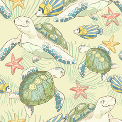 Seamless pattern with hand drawn sea fish and turtles. Sea wallpaper. Vector illustration.