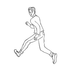 Young man in casual clothing, jeans running looking back. Male character runaway with afraid face . Isolated monochrome vector illustration in sketch style