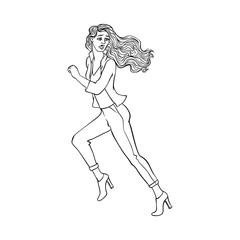 Fototapeta premium Young sportive girl in jeans heeled, running looking back. Beautiful female character, blonde woman runaway with afraid face. Isolated monochrome vector illustration in sketch style