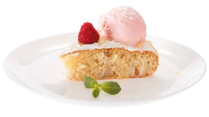 Apple biscuit cake and ice cream on plate isolated on white background