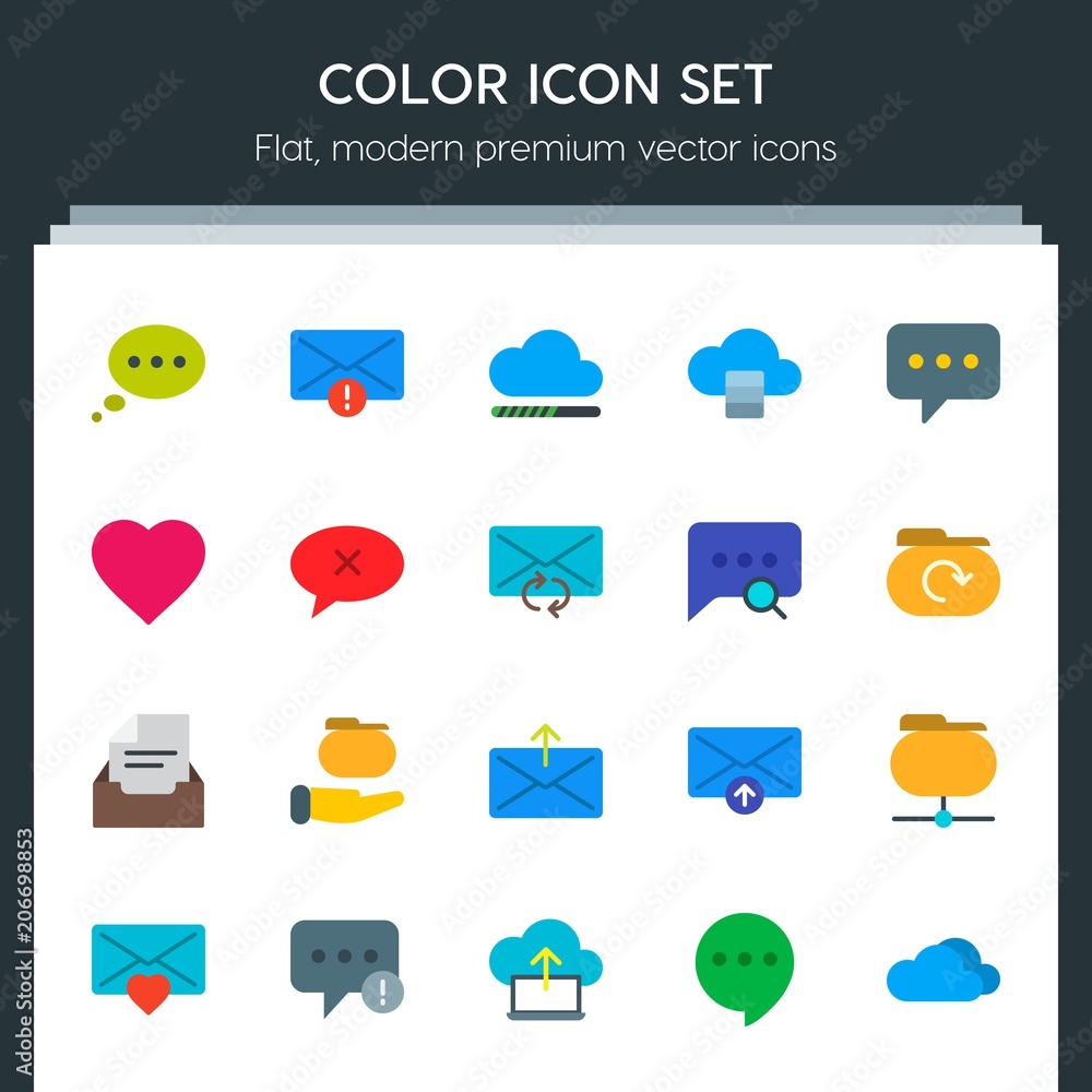 Poster modern simple set of cloud and networking, chat and messenger, folder, email vector flat icons. cont