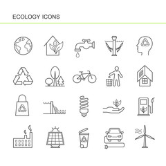 Isolated black outline collection icons of electric car, solar panel, bin, wind hydroelectric tidal power station, bio fluel, eco house, recycling, factory, forest, bicycle. Set of line ecology icon.