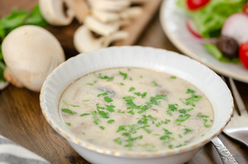 Musroom soup served with chicken cutlet and parsley leaf. (shallow depth of field)