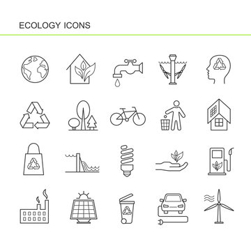 Isolated black outline collection icons of electric car, solar panel, bin, wind hydroelectric tidal power station, bio fluel, eco house, recycling, factory, forest, bicycle. Set of line ecology icon.