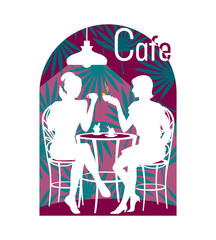 Two young girls are sitting on chairs in a cafe with cups of coffee and cakes, on an ornamental tropical background and under light of lamp. Color Vector illustration, white silhouette, isolated.