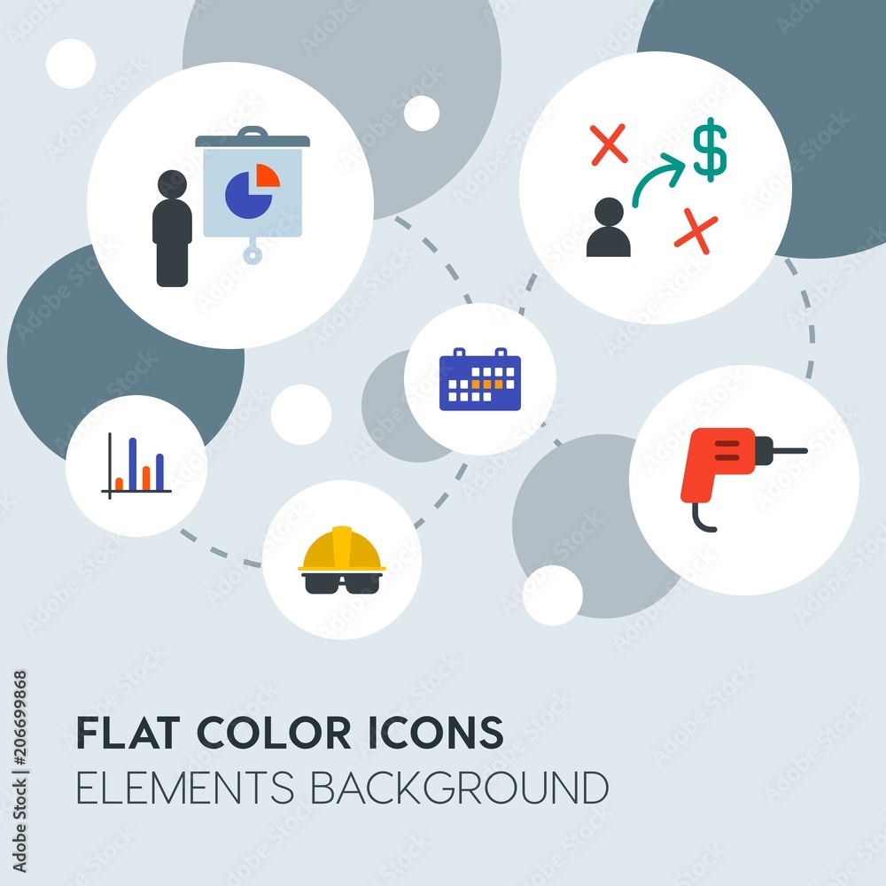 Aufkleber business, industry, charts flat vector icons and elements background with circle bubbles networks.mu