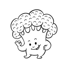 Cheerful broccoli character showing okey, ok gesture by fingers. Funny vegetable cute healthy organic food full of vitamins. Cartoon hand drawn plant with arms, legs. Vector monochrome illustration