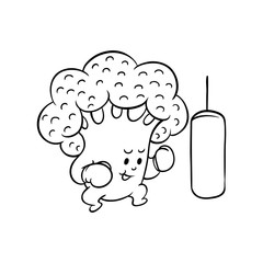 Cheerful broccoli character in boxing gloves workout with punching bag. Funny vegetable healthy organic food full of vitamins. Cartoon hand drawn plant with arms, legs. Vector monochrome illustration