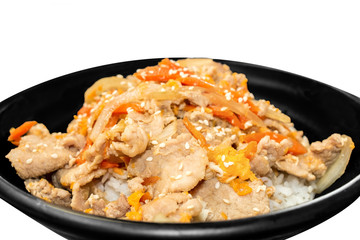 Japanese food, Rice with Grilled Pork Sauce (Donburi) on white background.Copy space.Clipping path