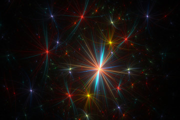 Bright abstract fractal star, Fractal starry sky fantasy pattern - color and black, fireworks