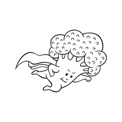 Cheerful broccoli character flying in super hero pose with cape. Funny vegetable cute healthy organic food full of vitamins. Cartoon hand drawn plant with arms, legs. Vector monochrome illustration