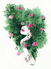 beautiful woman and flowers. fashion illustration. watercolor painting