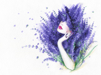 beautiful woman and flowers. fashion illustration. watercolor painting