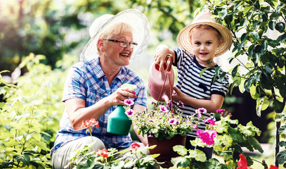 Gardening with kids. Senior woman and her grandchild working in the garden with a plants. Hobbies...