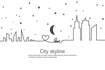 Silhouette of the city and star and moon in a flat style. Modern urban landscape. Vector illustrations. City skyscrapers building office horizon.Continuous line drawing. Vector line. Geometric figures