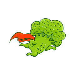 Cheerful broccoli character flying in super hero pose with red cape. Funny green vegetable cute healthy organic food full of vitamins. Cartoon hand drawn plant with arms, legs. Vector illustration