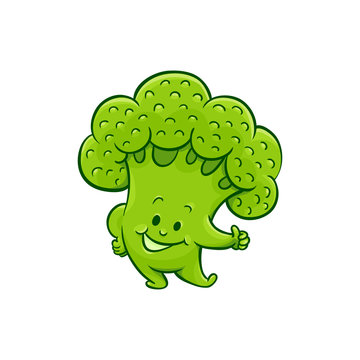 Cheerful broccoli character showing thumbs up gesture by fingers. Funny green vegetable cute healthy organic food full of vitamin. Cartoon smiling hand drawn plant with arms, legs. Vector illustration