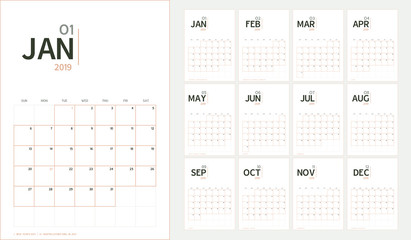 Vector of 2019 new year calendar in minimal table simple style and organic tone color,Holiday event planner,Week Starts Sunday,A5 size.