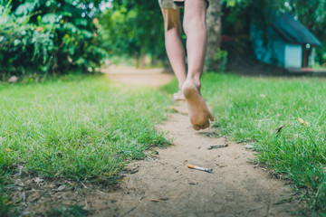 Smoking student is running away from his teacherin school. Selec