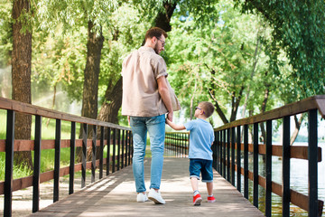 back view of father and son holding hands and walking on bridge at park