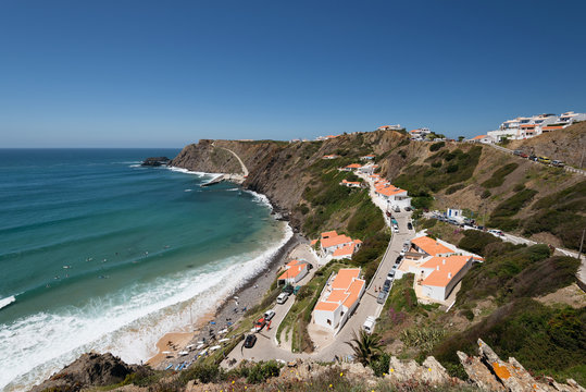 Elevated view of the Arrifana Beach in Aljezur, Algarve, Portugal. The beach of Praia da Arrifana is inside the Vicentine Coast Natural Park, an area of outstanding natural beauty.