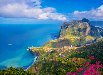 Aerial view of Faial fort region on Atlantic ocean coast of Madeira island in Portugal - obrazy, fototapety, plakaty