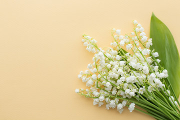 Fresh spring Lily of the valley bouquet on yellow background, space for text