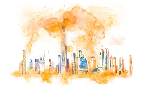 Skyline of Dubai Cityscape landmark skyline. Watercolor illustration