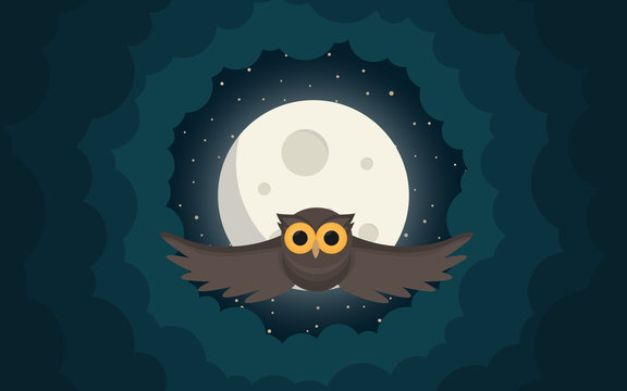 the owl flies in the clouds under moon